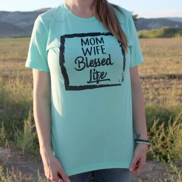 Mom Wife Blessed Life Mint Blue Short Sleeve Tee - Picture 1 of 3